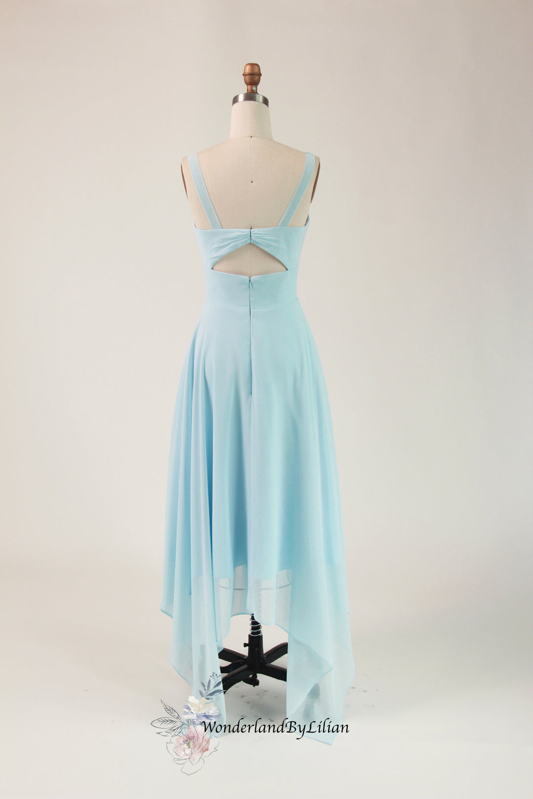 Blue Midi Chiffon Bridesmaid Dress with Keyhole Back - Designer Brides WonderlandByLilian Blue Midi Chiffon Bridesmaid Dress with Keyhole Back - Designer Brides WonderlandByLilian