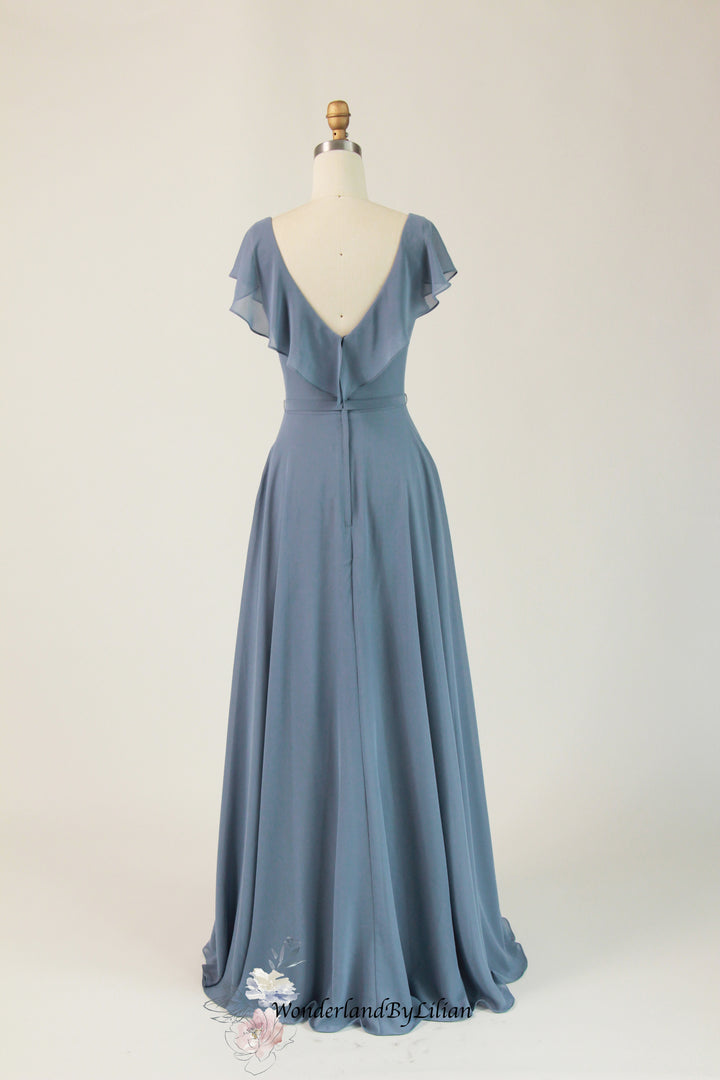 Elegant Grey Blue A-Line Bridesmaid Dress with Flutter Sleeve - Blue Designer Bridesmaids Dresses with V-Neck - Multiple Color - Plus Size