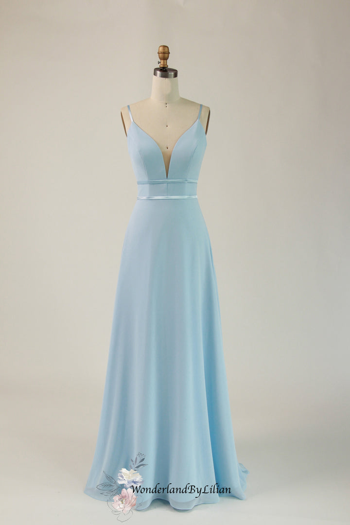 Blue Chiffon Bridesmaid Dress with Satin Accents - Blue Bridesmaid Dresses with Plunging Neckline - Multiple Color - Plus Size