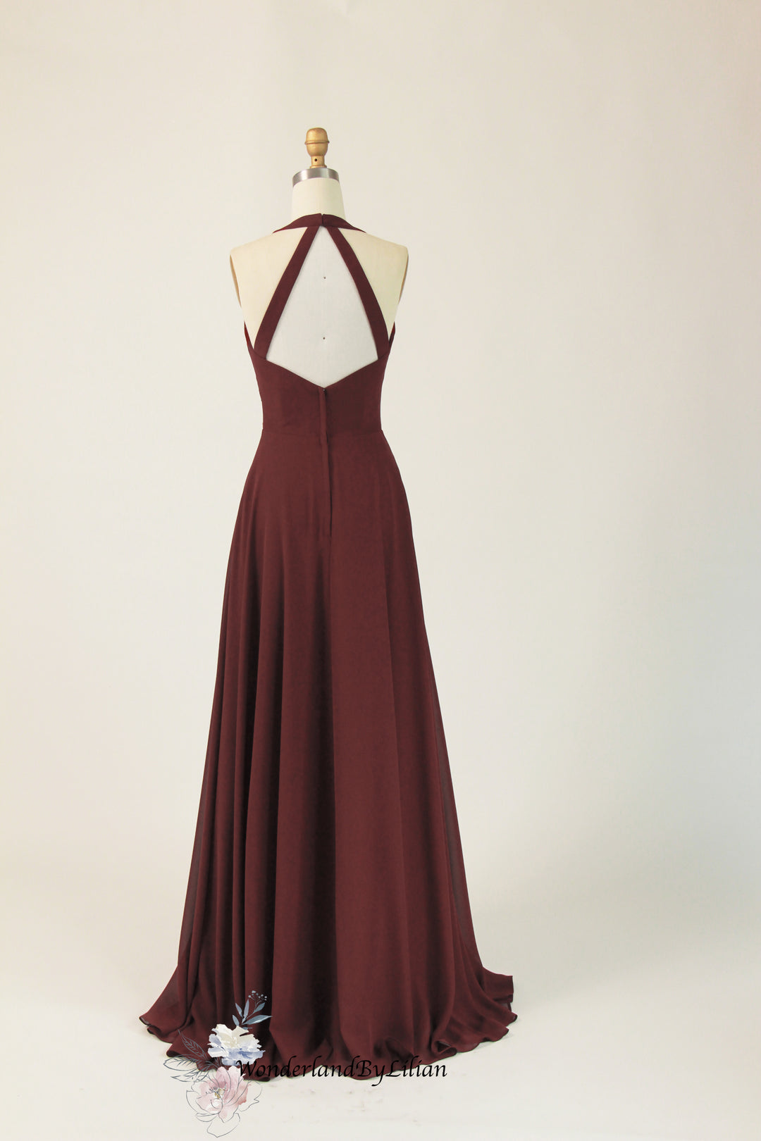 Burgundy Halter Neck Chiffon Bridesmaid Dress with Pleated Bodice