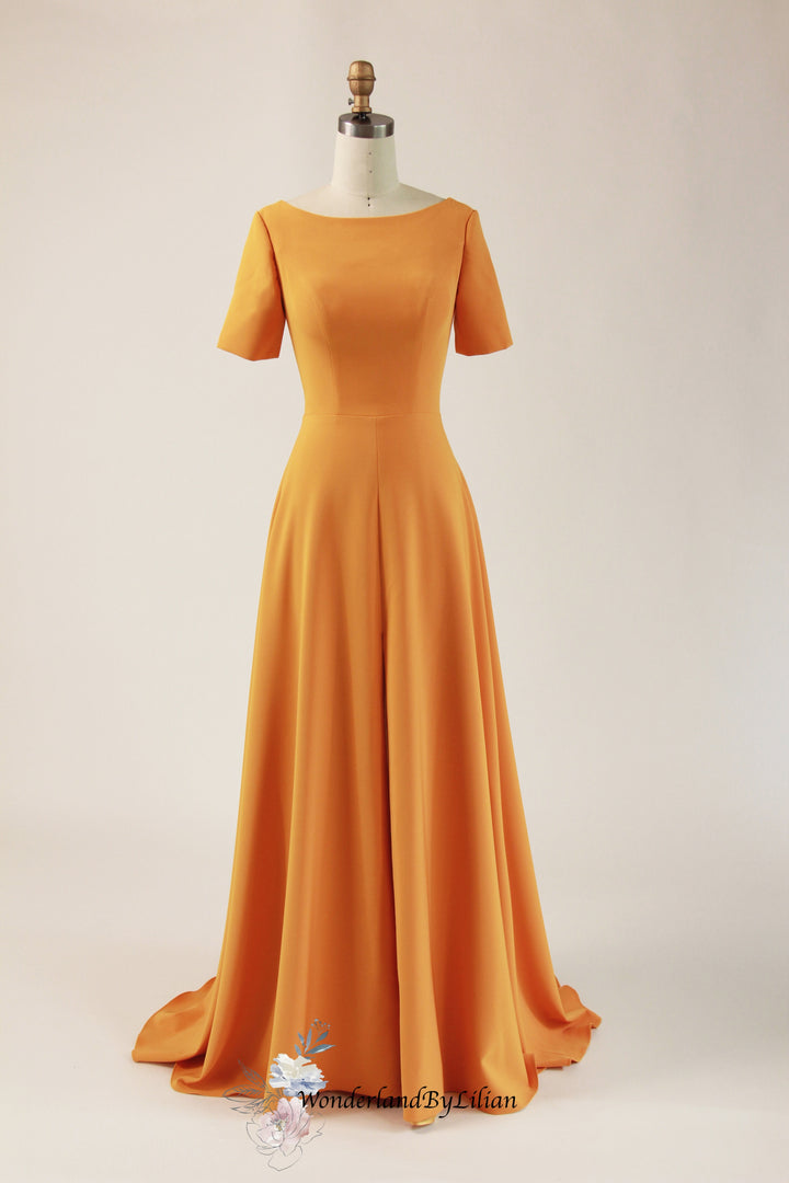 Orange Vintage Inspired A-Line Bridesmaid Dress with Short Sleeves - Designer Bridesmaids Dresses with Open Back - Multiple Color - Plus Size