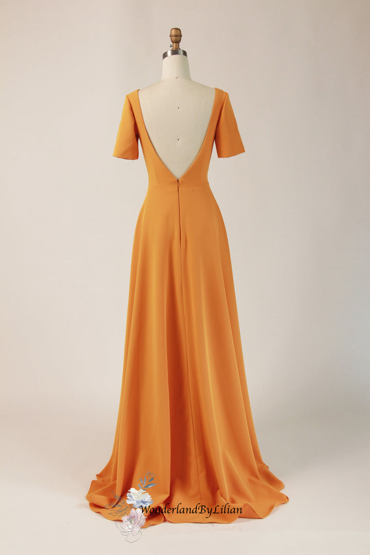 Orange Vintage Inspired A-Line Bridesmaid Dress with Short Sleeves - Designer Bridesmaids Dresses with Open Back - Multiple Color - Plus Size