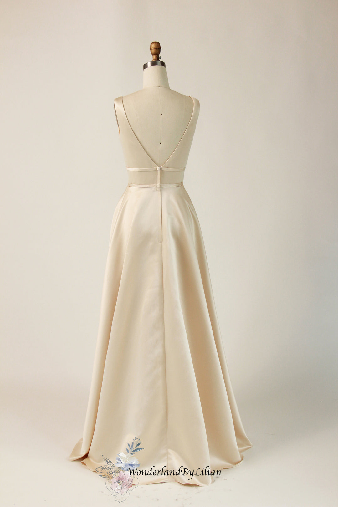 Champagne Satin A-Line Bridesmaid Dresses with Double-Banded Waistline WonderlandByLilian Champagne Satin A-Line Bridesmaid Dresses with Double-Banded Waistline WonderlandByLilian