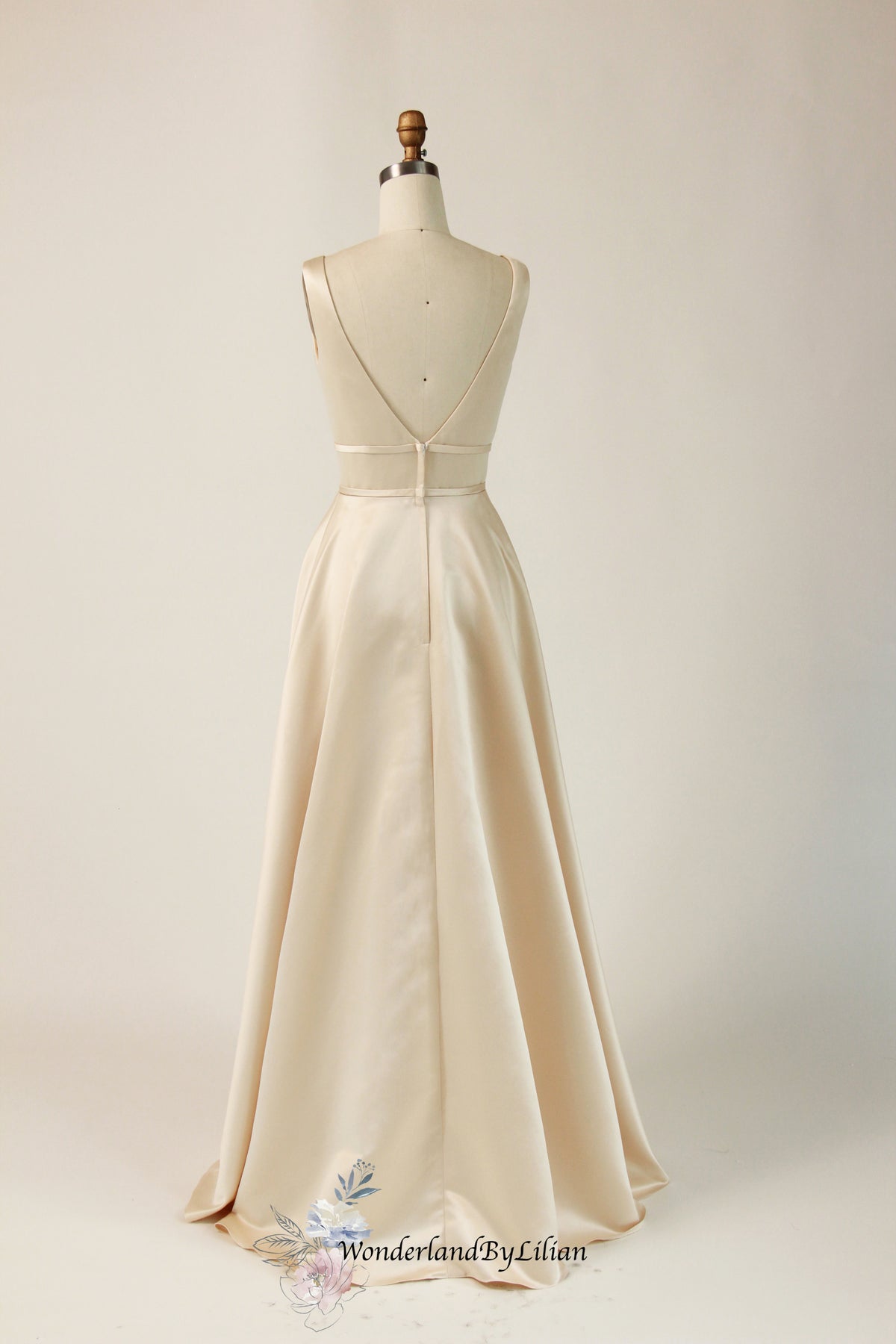 Champagne Satin A-Line Bridesmaid Dresses with Double-Banded Waistline WonderlandByLilian Champagne Satin A-Line Bridesmaid Dresses with Double-Banded Waistline WonderlandByLilian