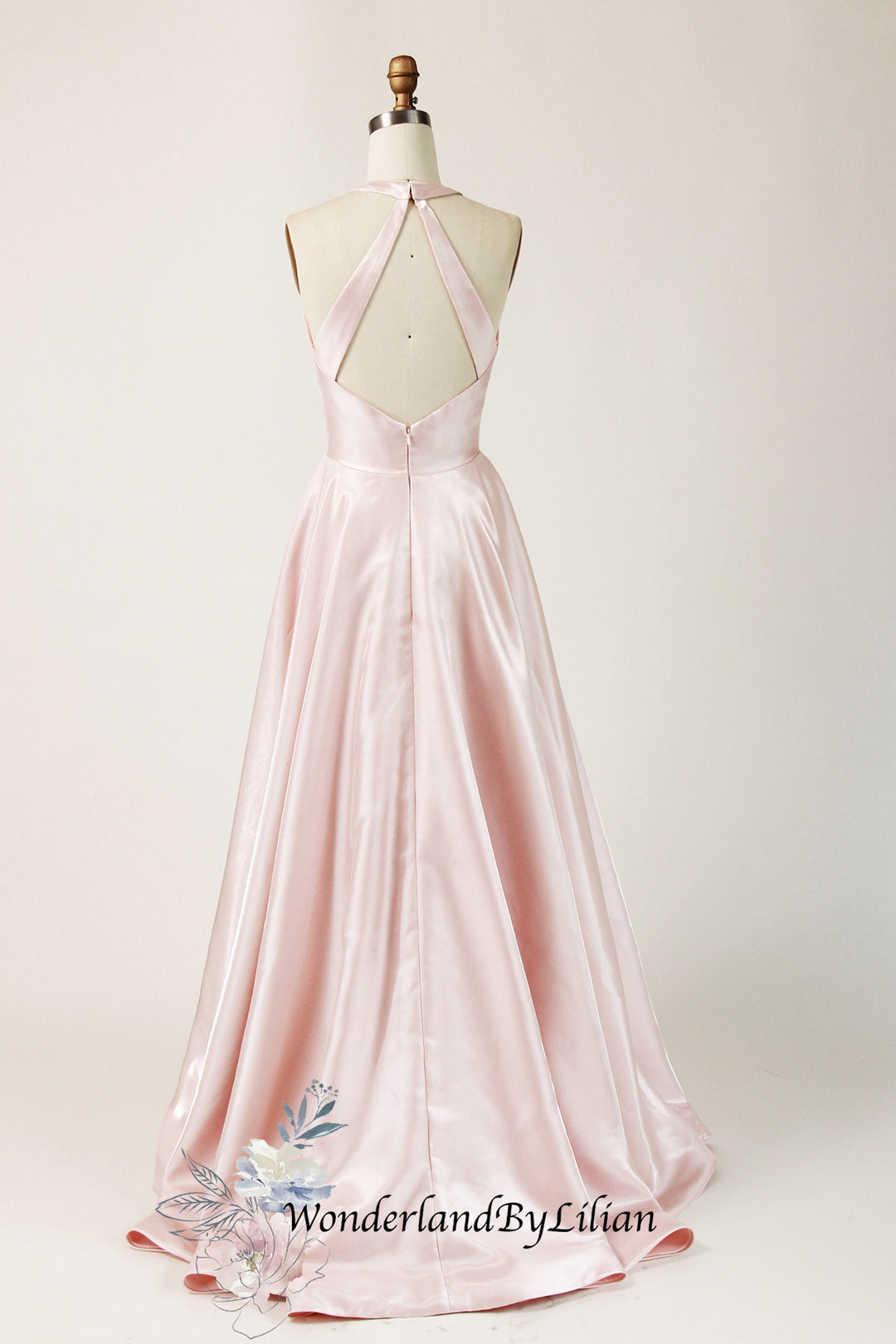 Pearl Pink Halter A-Line Satin Bridesmaid Dress with Open Back Elega WonderlandByLilian Pearl Pink Halter A-Line Satin Bridesmaid Dress with Open Back Elega WonderlandByLilian