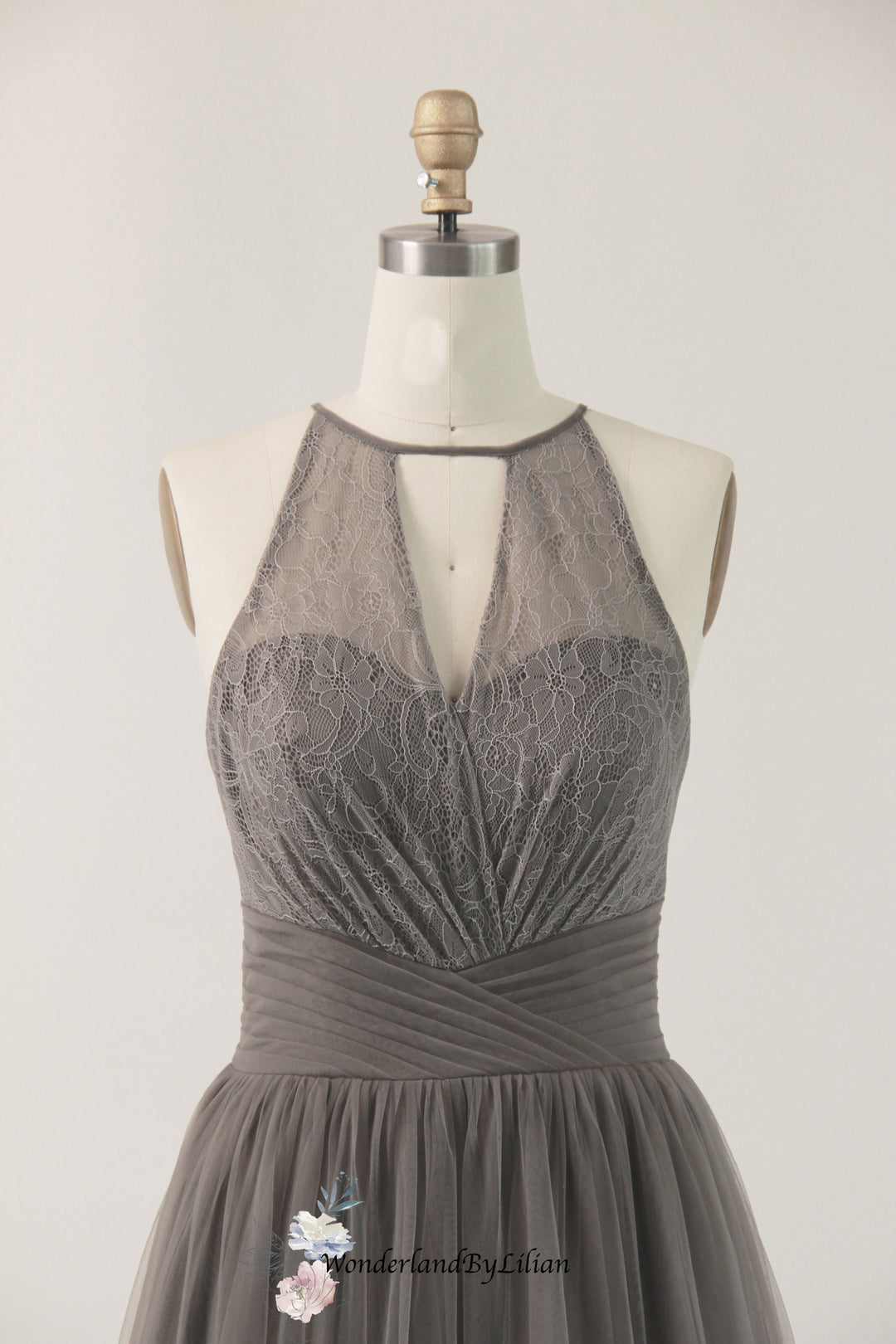 Grey Lace Tulle Halter Bridesmaid Dress with A-Line - Designer Bridesm WonderlandByLilian Grey Lace Tulle Halter Bridesmaid Dress with A-Line - Designer Bridesm WonderlandByLilian