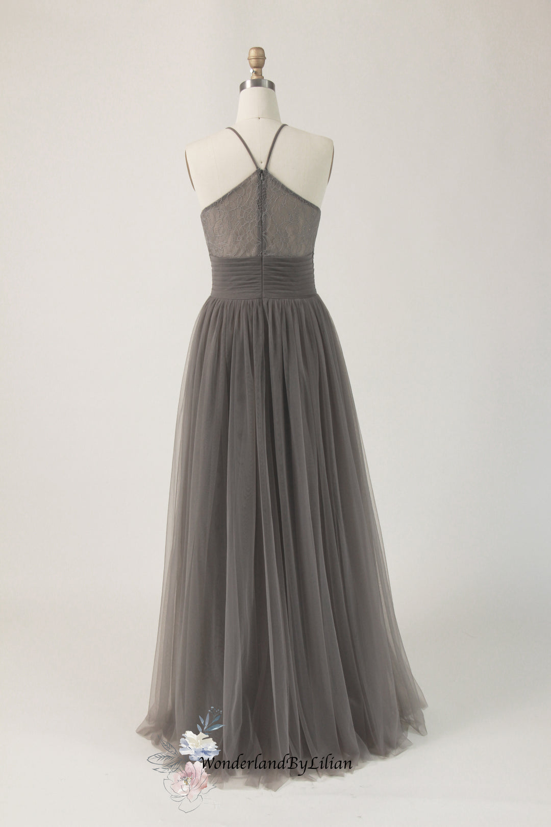Grey Lace Tulle Halter Bridesmaid Dress with A-Line - Designer Bridesm WonderlandByLilian Grey Lace Tulle Halter Bridesmaid Dress with A-Line - Designer Bridesm WonderlandByLilian