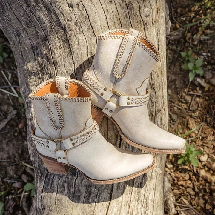 Handmade White Cowgirl Boots with Metal Buckle - Short Western Boots with Pointed Toe and Stacked Heel