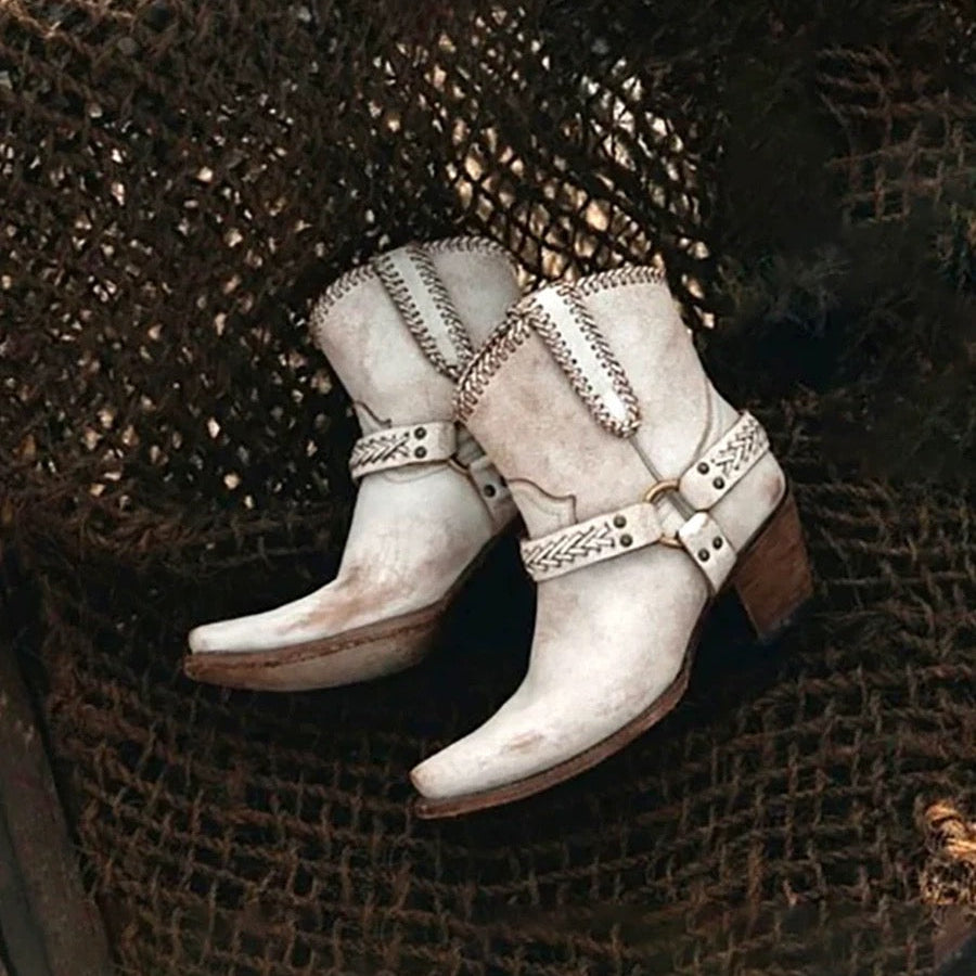 Handmade White Cowgirl Boots with Metal Buckle - Short Western Boots with Pointed Toe and Stacked Heel