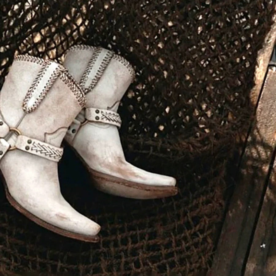 Handmade White Cowgirl Boots with Metal Buckle - Short Western Boots with Pointed Toe and Stacked Heel