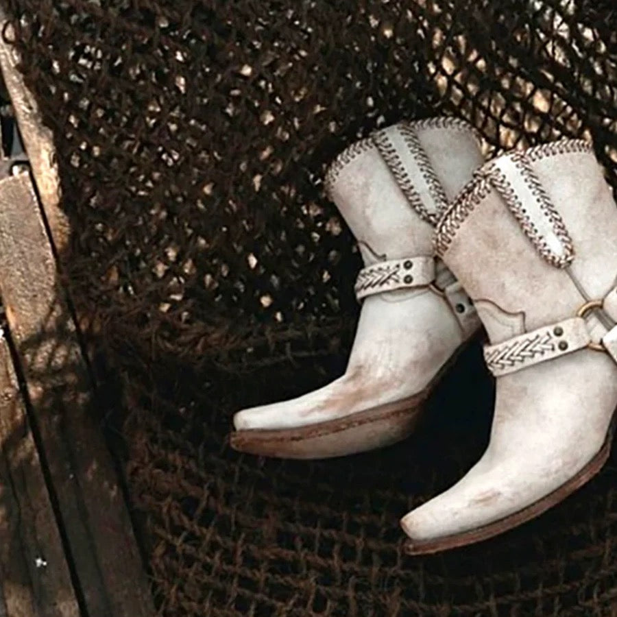 Handmade White Cowgirl Boots with Metal Buckle - Short Western Boots with Pointed Toe and Stacked Heel