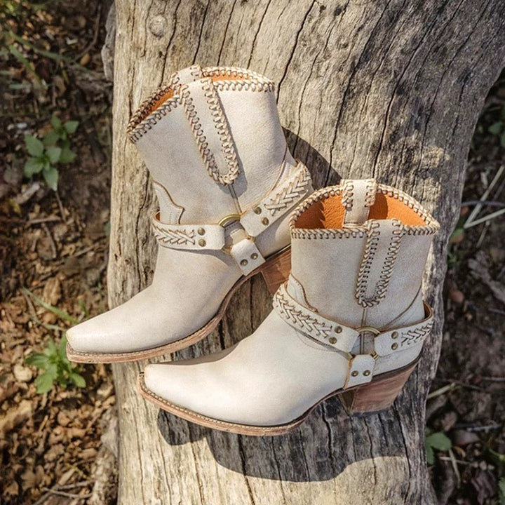 Handmade White Cowgirl Boots with Metal Buckle - Short Western Boots with Pointed Toe and Stacked Heel