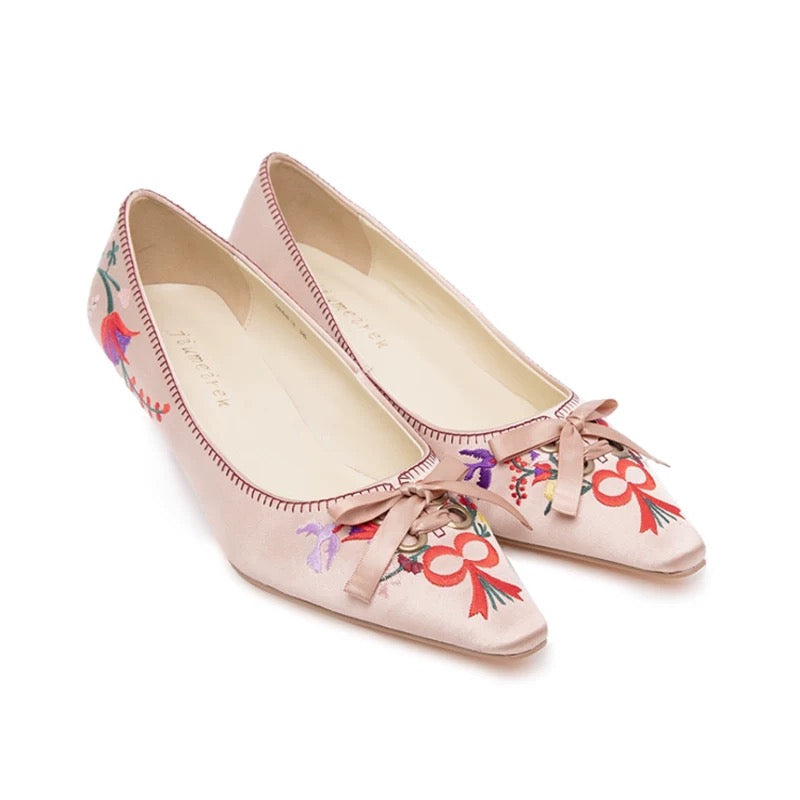 Regency Era Pink Satin Shoes - Lace Pointed Toe Flats Sandals Heels - Bridgerton Shoes