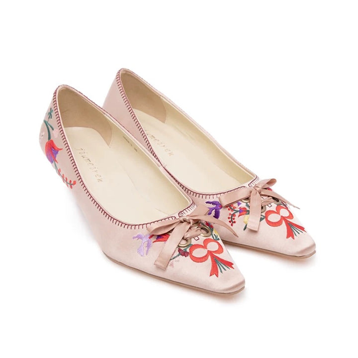 Regency Era Pink Satin Shoes - Lace Pointed Toe Flats Sandals Heels - Bridgerton Shoes