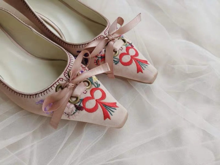 Regency Era Pink Satin Shoes - Lace Pointed Toe Flats Sandals Heels - Bridgerton Shoes