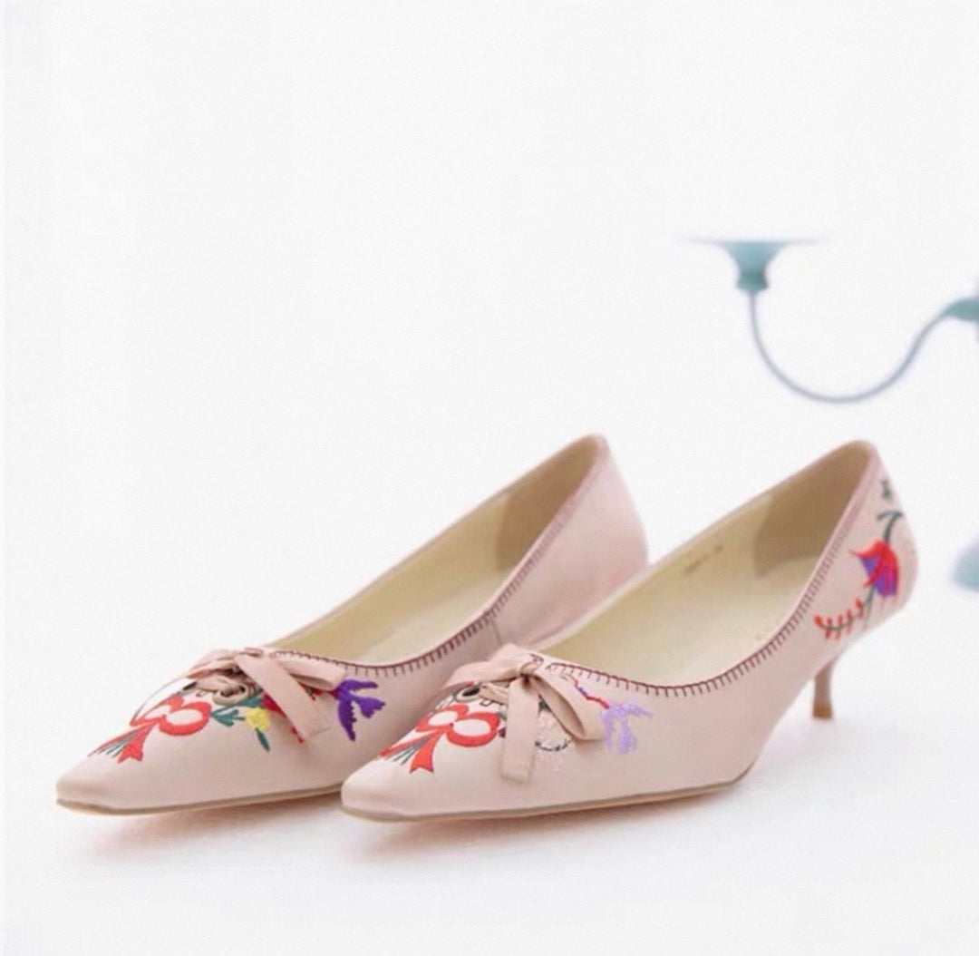 Regency Era Pink Satin Shoes - Lace Pointed Toe Flats Sandals Heels - Bridgerton Shoes
