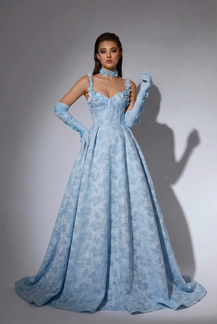 Ice Blue Ball Gown with Floral Lace Corset, Spaghetti Straps and Matching Choker Plus Size