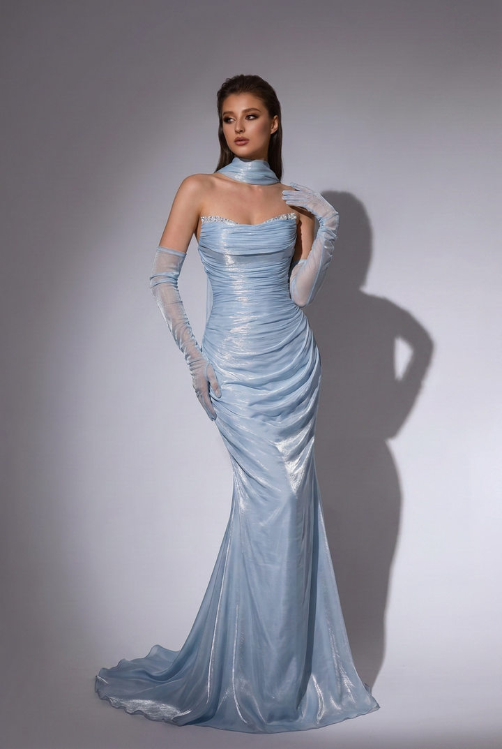 Ice Blue Draped Halter Mermaid Evening Gown with Scarf Neck and Corset Back – Luxury Satin Formal Dress Plus Size