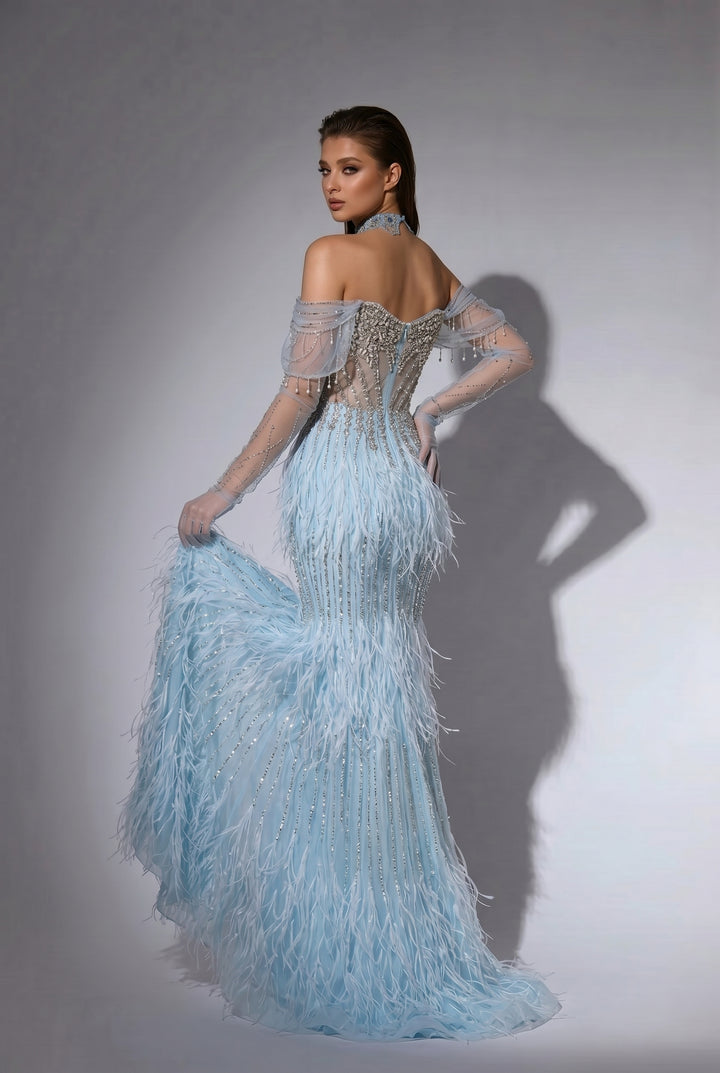 Ice Blue Feather Mermaid Evening Gown with Off-the-Shoulder Sleeves and Crystal Beaded Corset – Luxury Formal Dress Plus Size