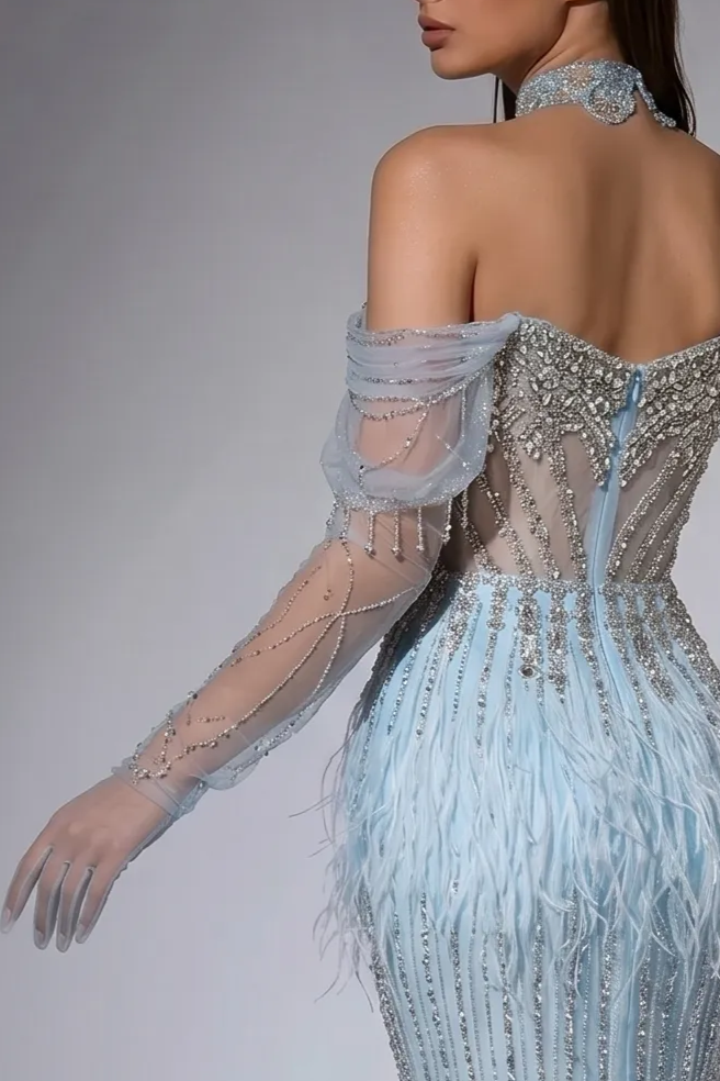 Ice Blue Feather Mermaid Evening Gown with Off-the-Shoulder Sleeves and Crystal Beaded Corset – Luxury Formal Dress Plus Size