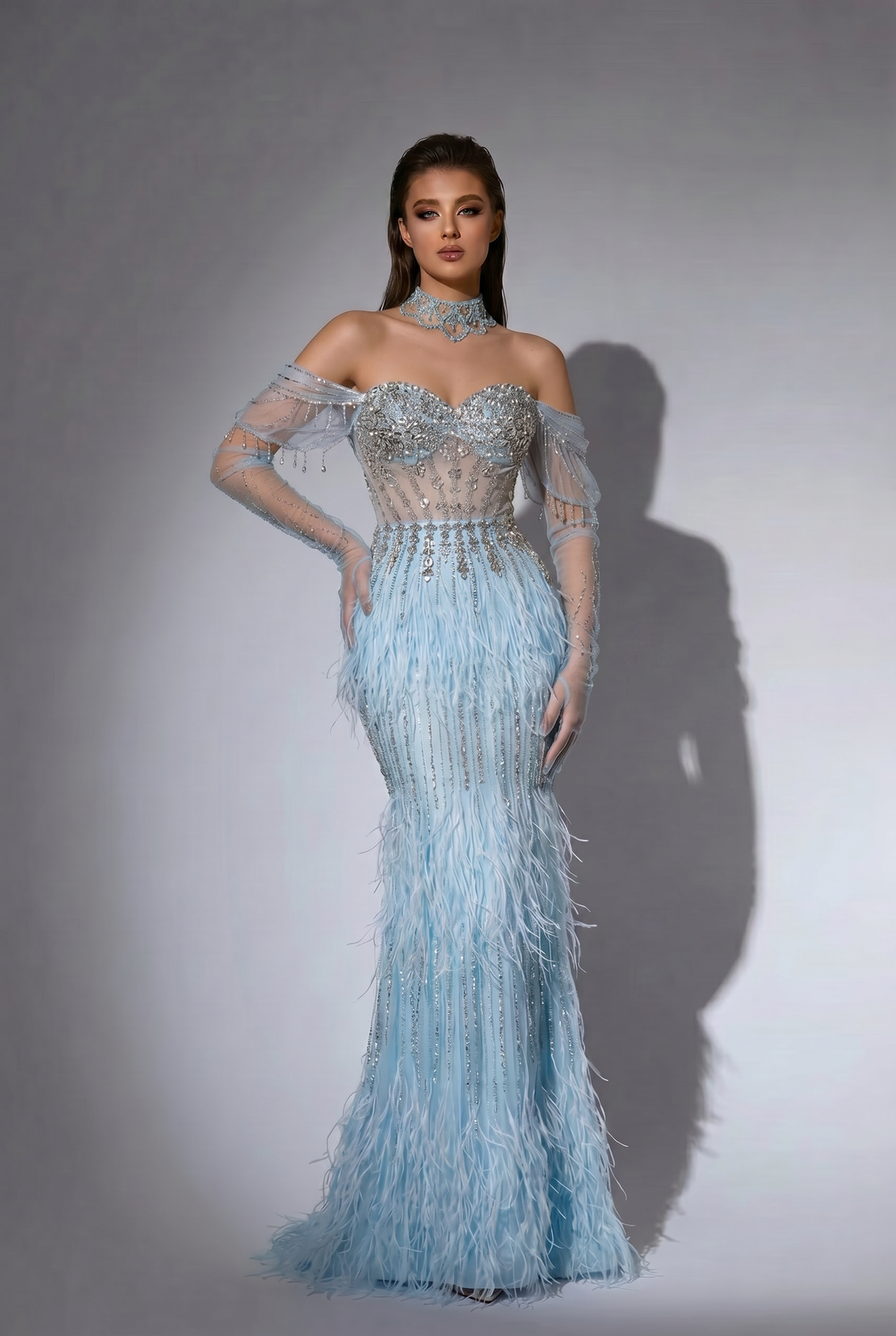Ice Blue Feather Mermaid Evening Gown with Off-the-Shoulder Sleeves and Crystal Beaded Corset – Luxury Formal Dress Plus Size