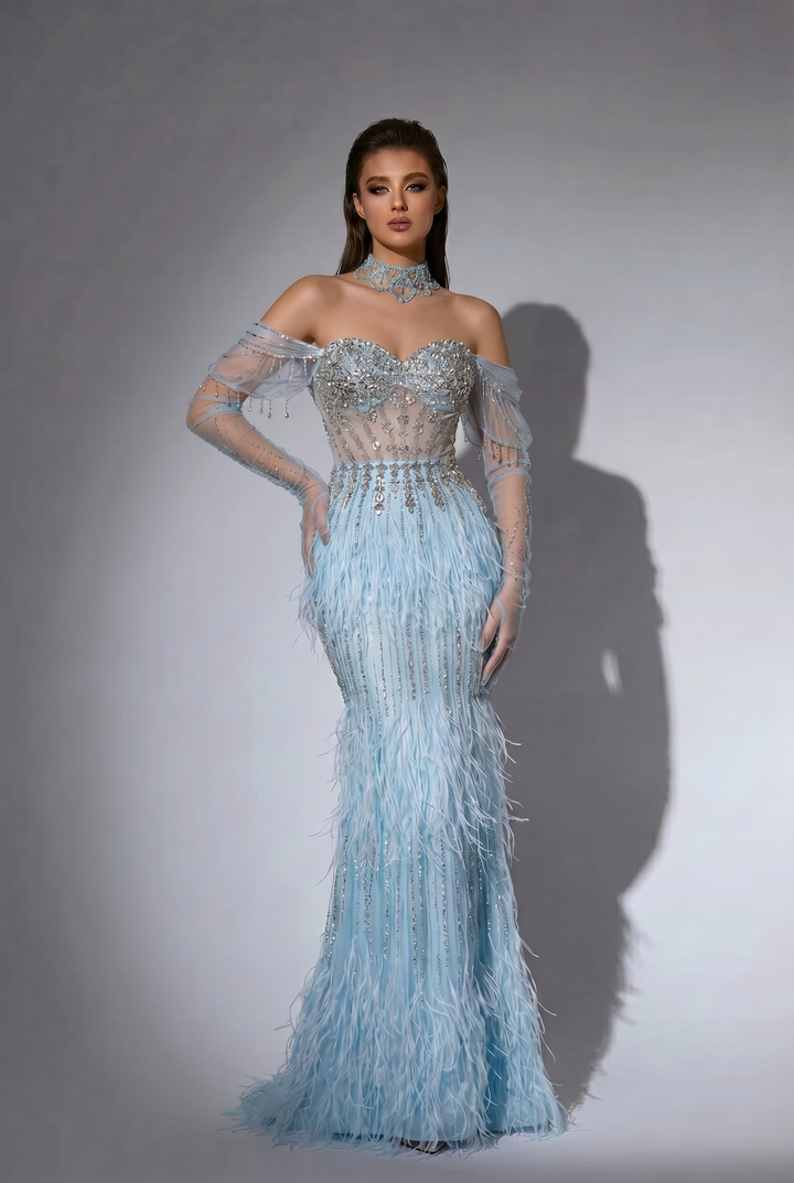 Ice Blue Feather Mermaid Evening Gown with Off-the-Shoulder Sleeves and Crystal Beaded Corset – Luxury Formal Dress Plus Size