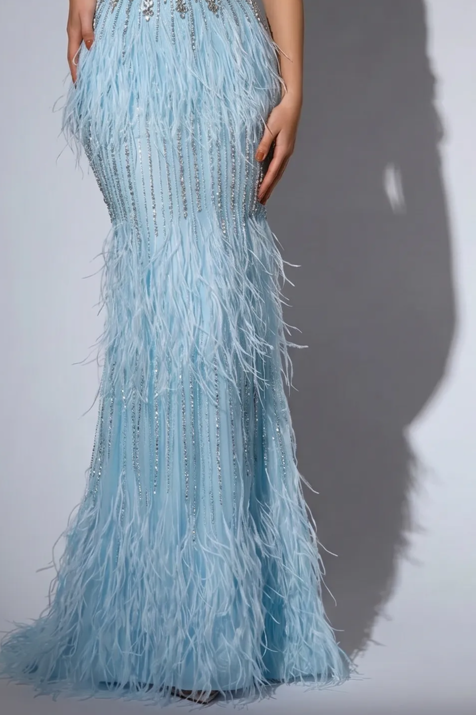 Ice Blue Feather Mermaid Evening Gown with Off-the-Shoulder Sleeves and Crystal Beaded Corset – Luxury Formal Dress Plus Size