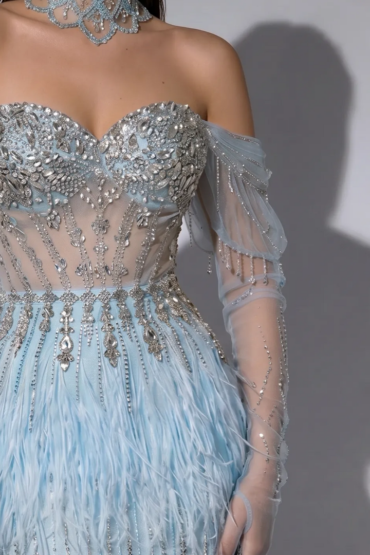 Ice Blue Feather Mermaid Evening Gown with Off-the-Shoulder Sleeves and Crystal Beaded Corset – Luxury Formal Dress Plus Size