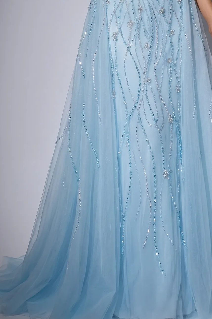 Ice Blue Halter Neck Beaded Tulle A-Line Evening Gown with Gloves and Open Back Formal Dress Plus Size