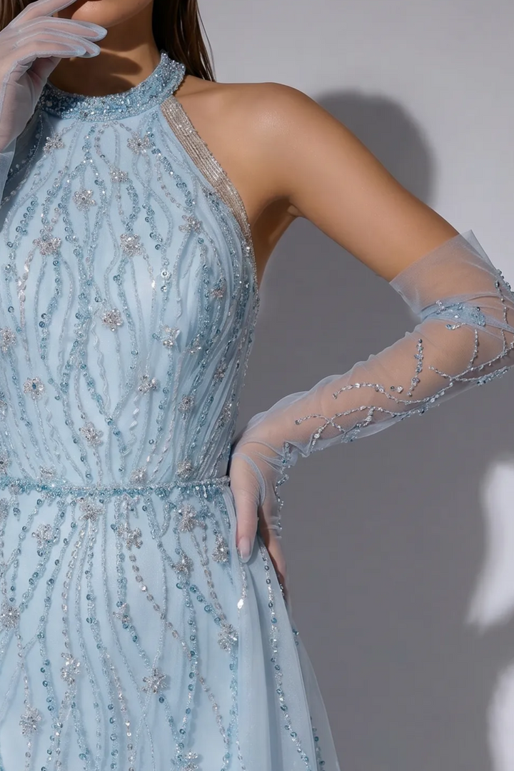 Ice Blue Halter Neck Beaded Tulle A-Line Evening Gown with Gloves and Open Back Formal Dress Plus Size