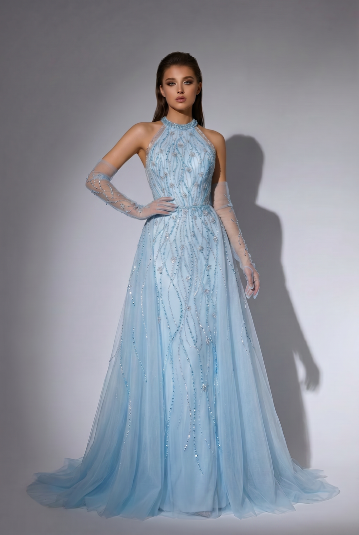 Ice Blue Halter Neck Beaded Tulle A-Line Evening Gown with Gloves and Open Back Formal Dress Plus Size
