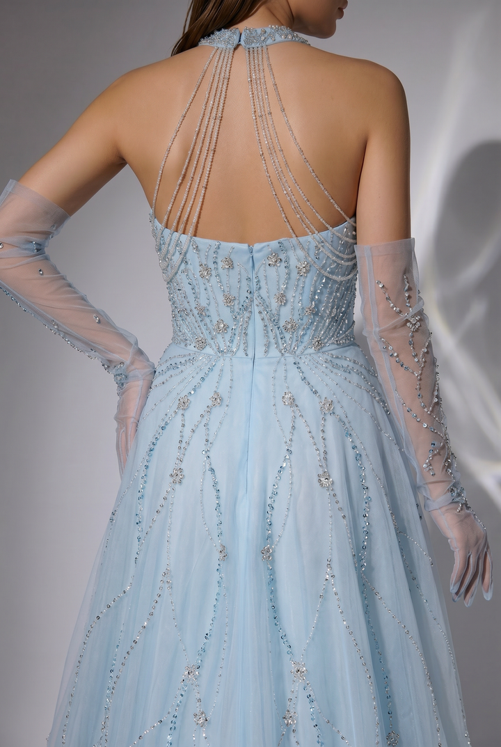 Ice Blue Halter Neck Beaded Tulle A-Line Evening Gown with Gloves and Open Back Formal Dress Plus Size