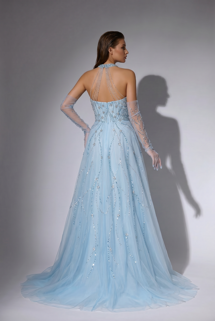 Ice Blue Halter Neck Beaded Tulle A-Line Evening Gown with Gloves and Open Back Formal Dress Plus Size