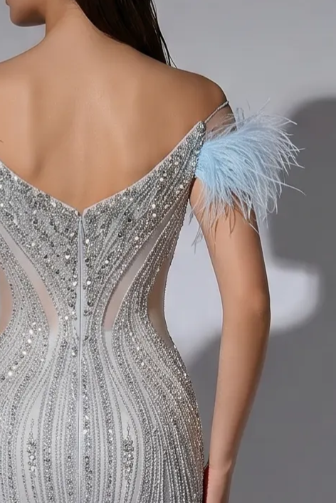 Ice Blue Mermaid Evening Gown with Off-the-Shoulder Feather Sleeves, Illusion Cutouts and Hand-Beaded Sequin Details Plus Size