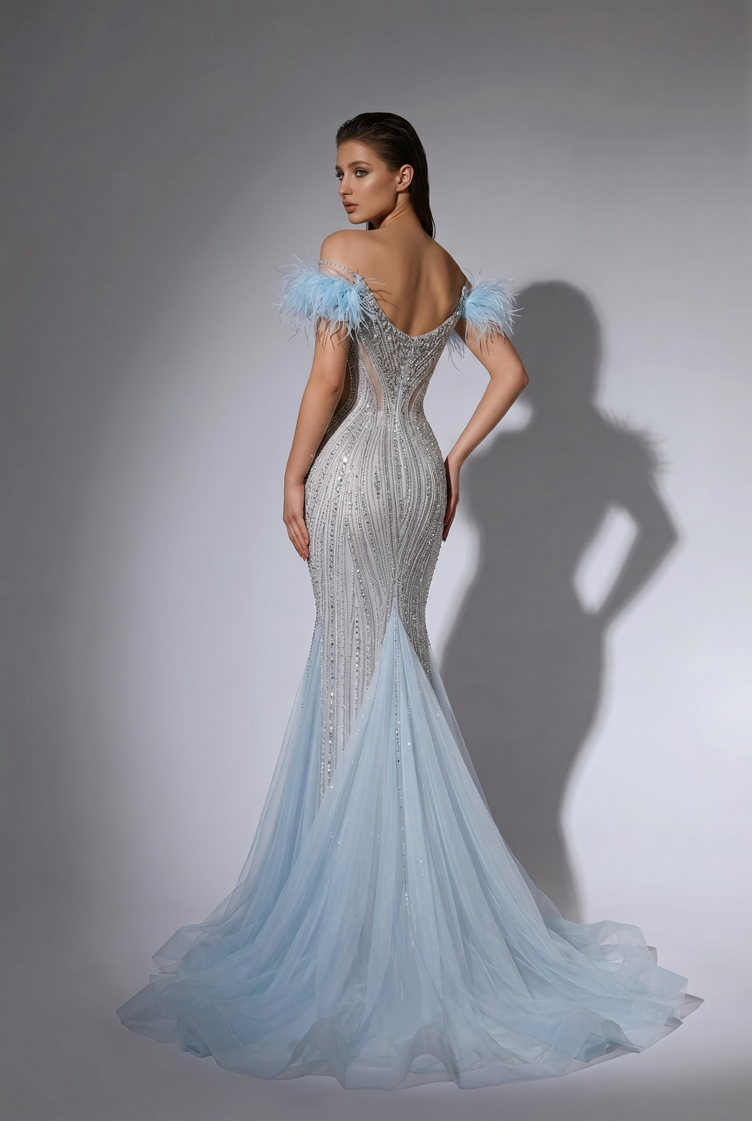 Ice Blue Mermaid Evening Gown with Off-the-Shoulder Feather Sleeves, Illusion Cutouts and Hand-Beaded Sequin Details Plus Size