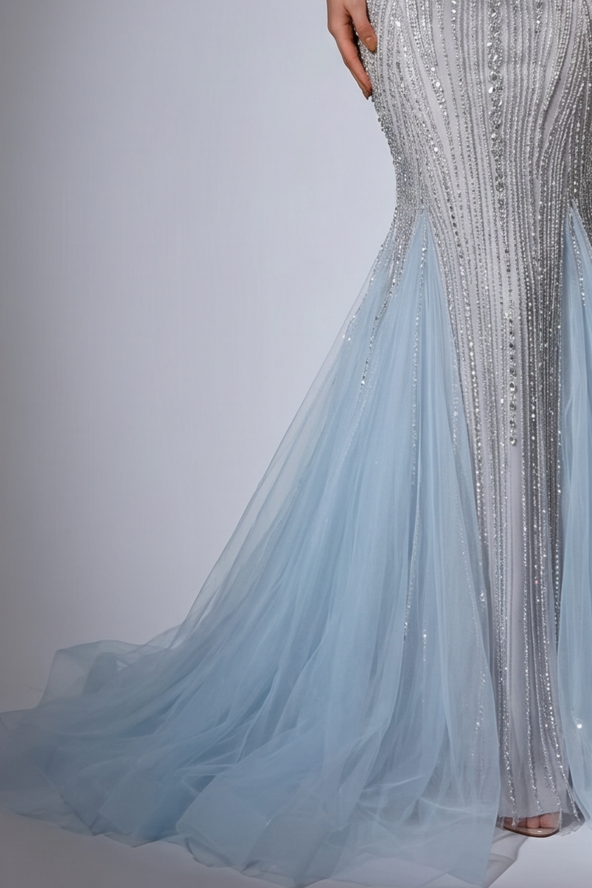 Ice Blue Mermaid Evening Gown with Off-the-Shoulder Feather Sleeves, Illusion Cutouts and Hand-Beaded Sequin Details Plus Size