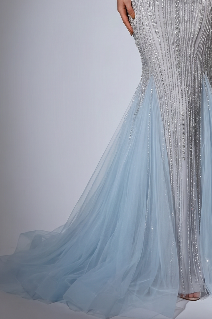 Ice Blue Mermaid Evening Gown with Off-the-Shoulder Feather Sleeves, Illusion Cutouts and Hand-Beaded Sequin Details Plus Size