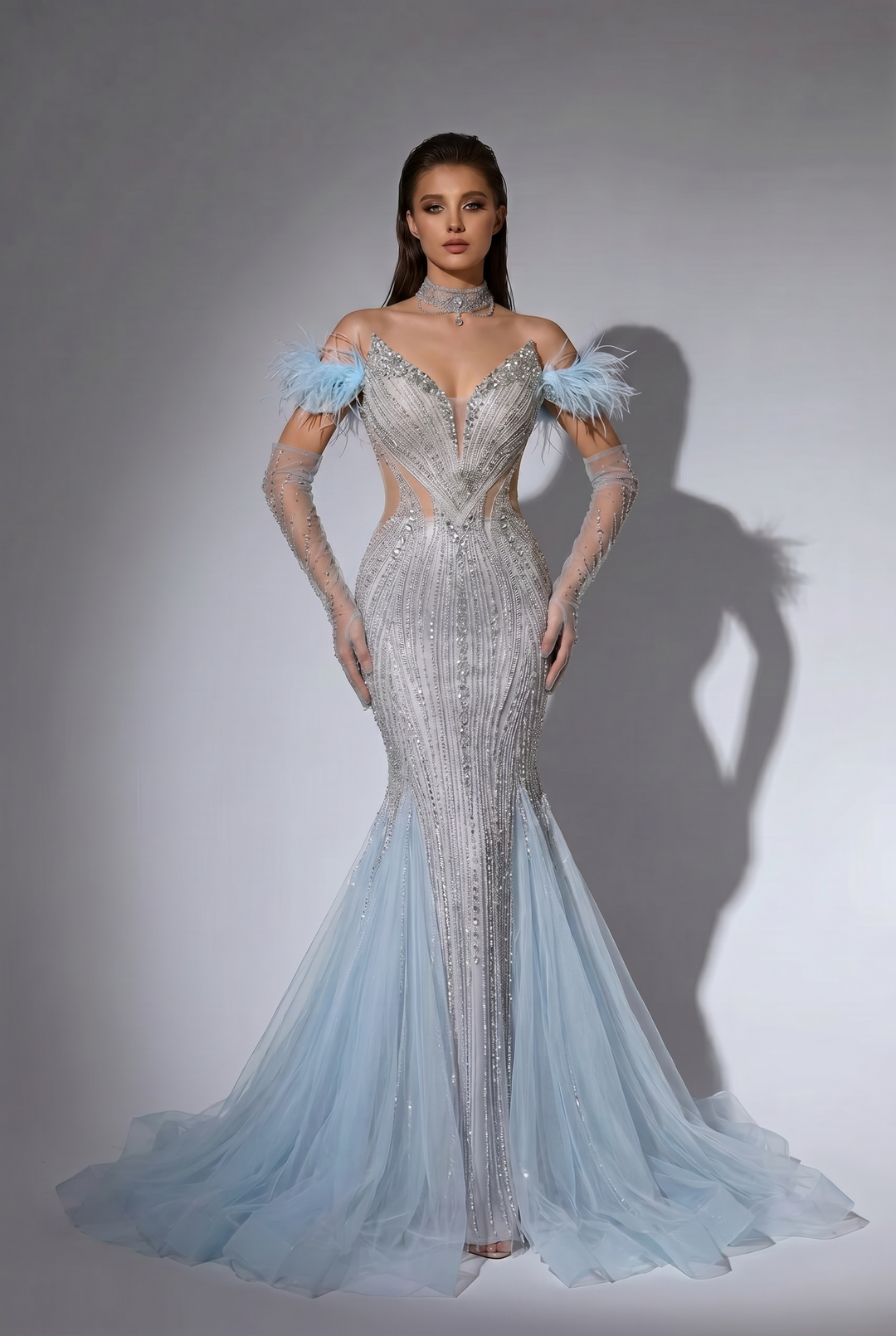 Ice Blue Mermaid Evening Gown with Off-the-Shoulder Feather Sleeves, Illusion Cutouts and Hand-Beaded Sequin Details Plus Size