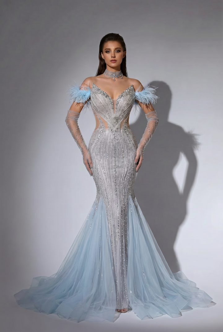 Ice Blue Mermaid Evening Gown with Off-the-Shoulder Feather Sleeves, Illusion Cutouts and Hand-Beaded Sequin Details Plus Size