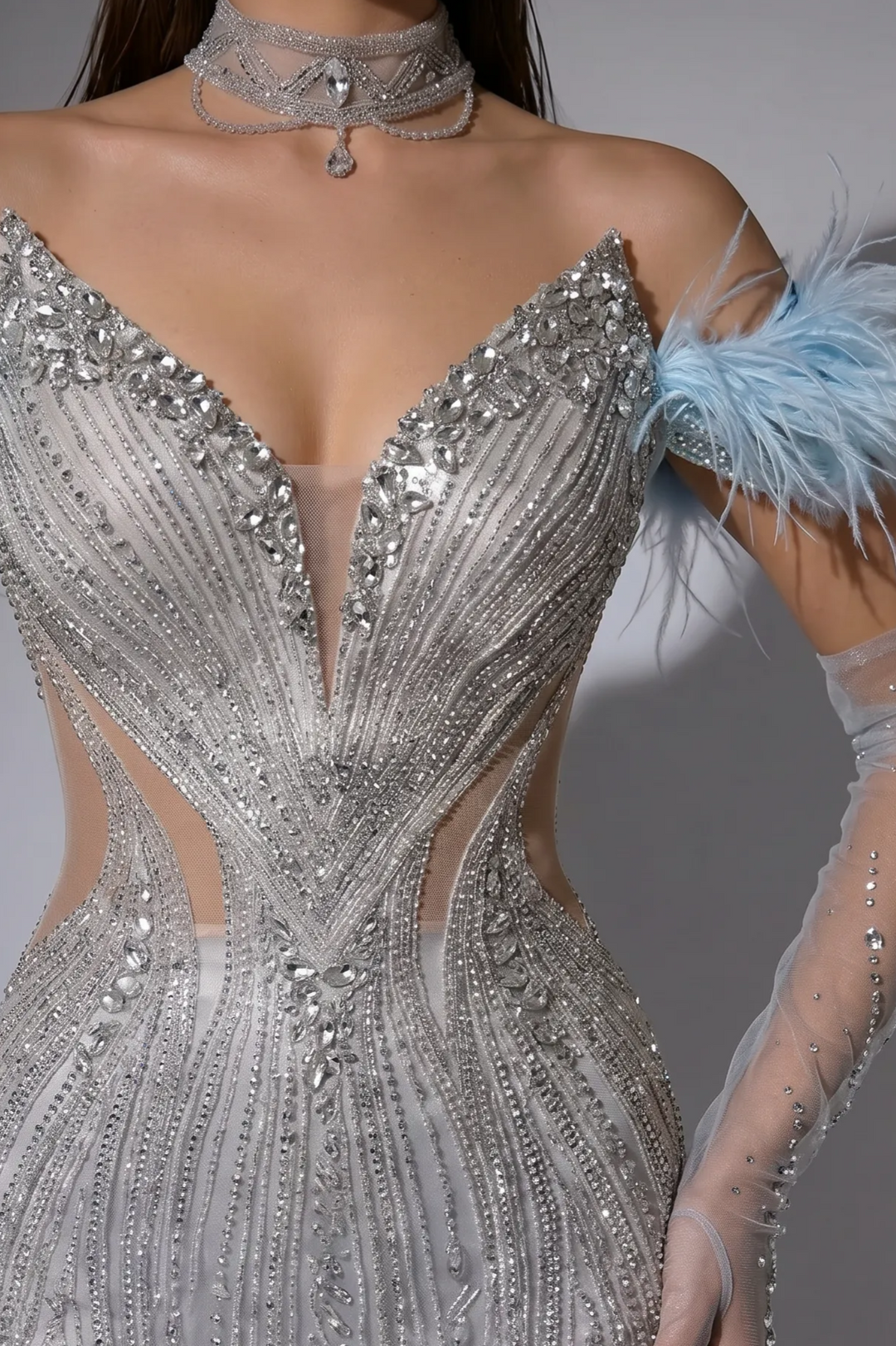 Ice Blue Mermaid Evening Gown with Off-the-Shoulder Feather Sleeves, Illusion Cutouts and Hand-Beaded Sequin Details Plus Size