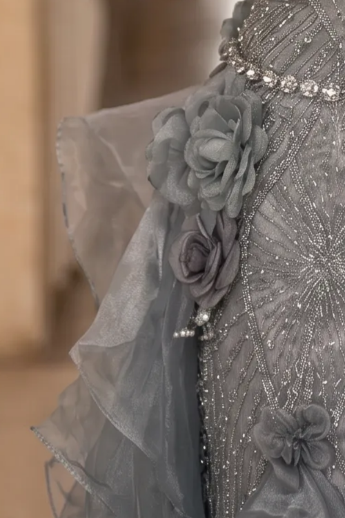 Gray Layered Tulle Ruffle Dress with Floral Appliqué – One Shoulder Evening Dress with Lace-Up Back Plus Size