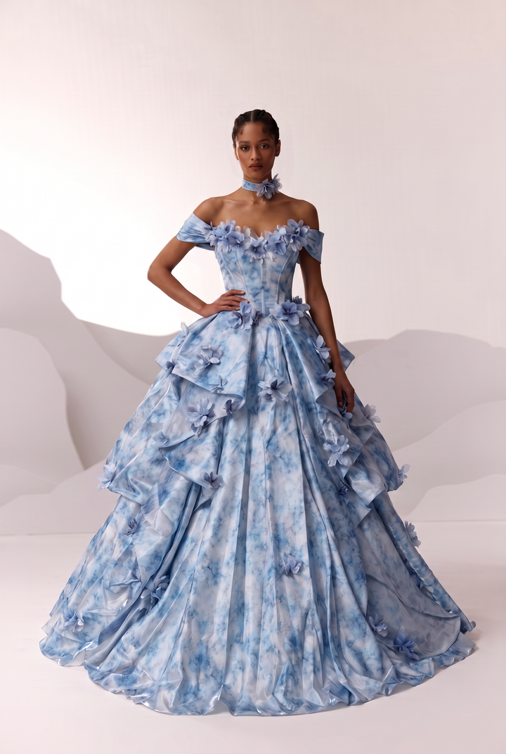 Blue Floral Ball Gown Evening Dress with Off-the-Shoulder Corset Plus Size
