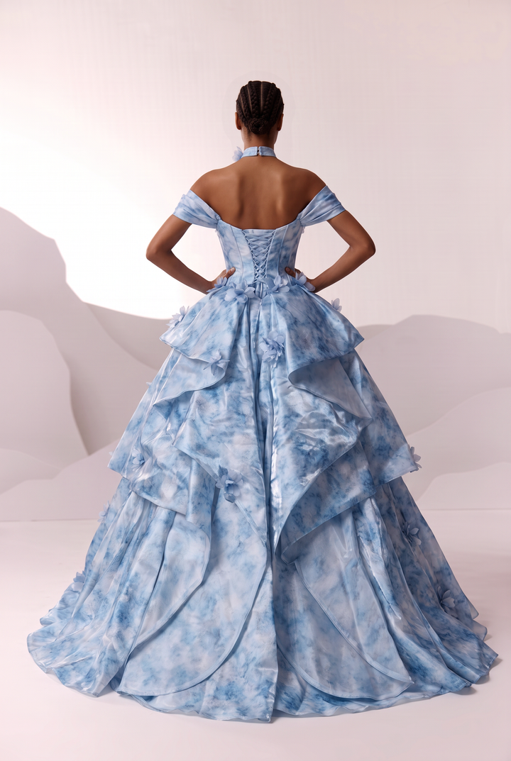 Blue Floral Ball Gown Evening Dress with Off-the-Shoulder Corset Plus Size
