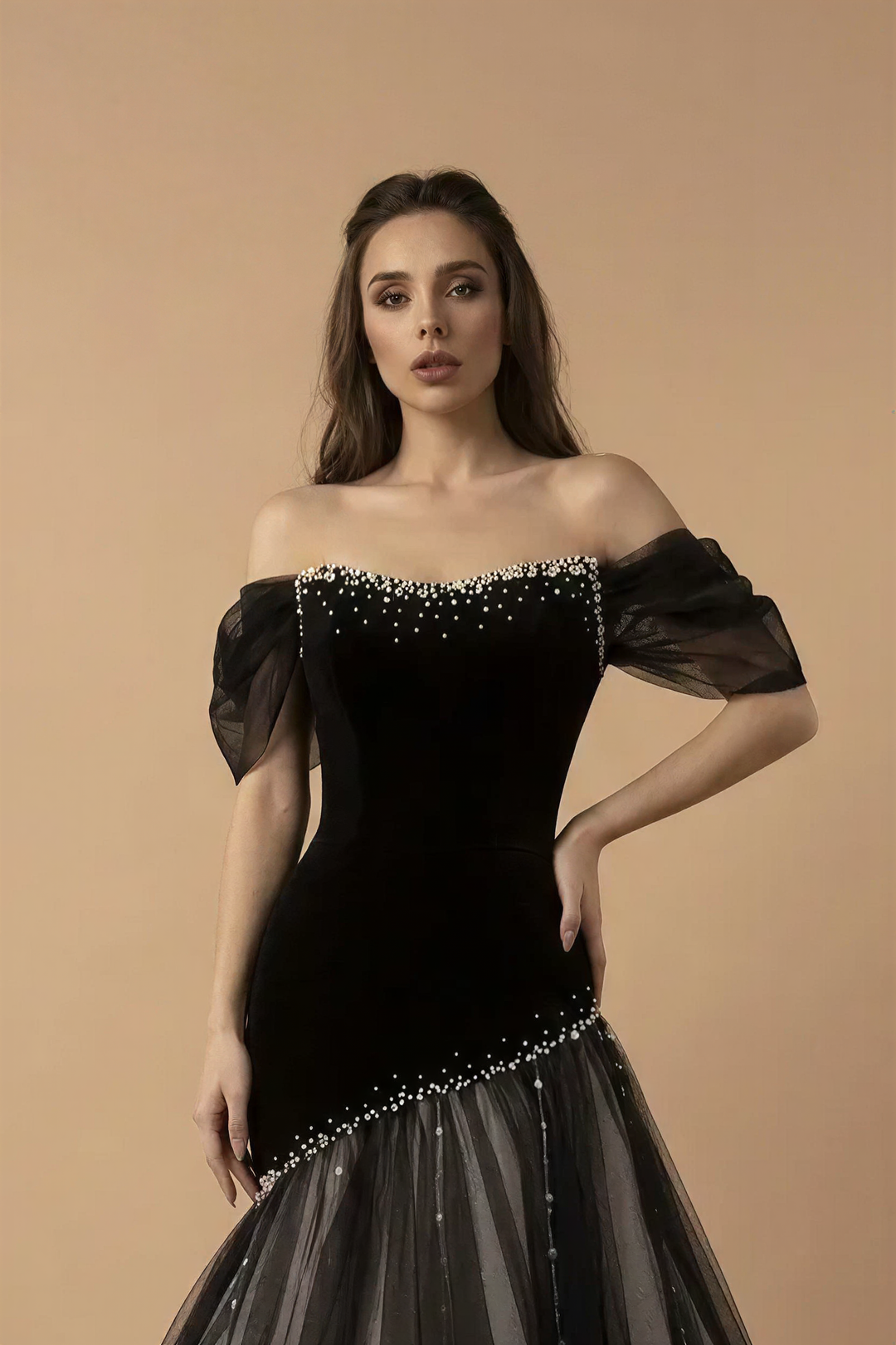 Gothic Black Velvet Ball Gown with Pearl Embellishment - Off the Shoulder Tulle Evening Dress with Corset Back - Elegant Black Formal Dress Plus Size