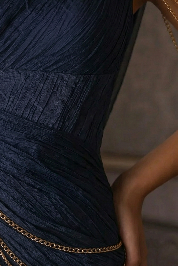 Gothic Navy Blue  Fantasy Dress - Fairy Evening Dress with Draped Pearls Plus Size