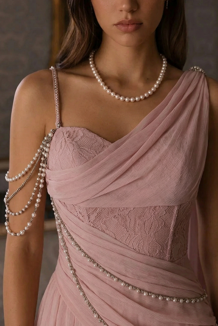 Elegant Pink Fantasy Dress - Fairy Evening Dress with Draped Pearls Plus Size