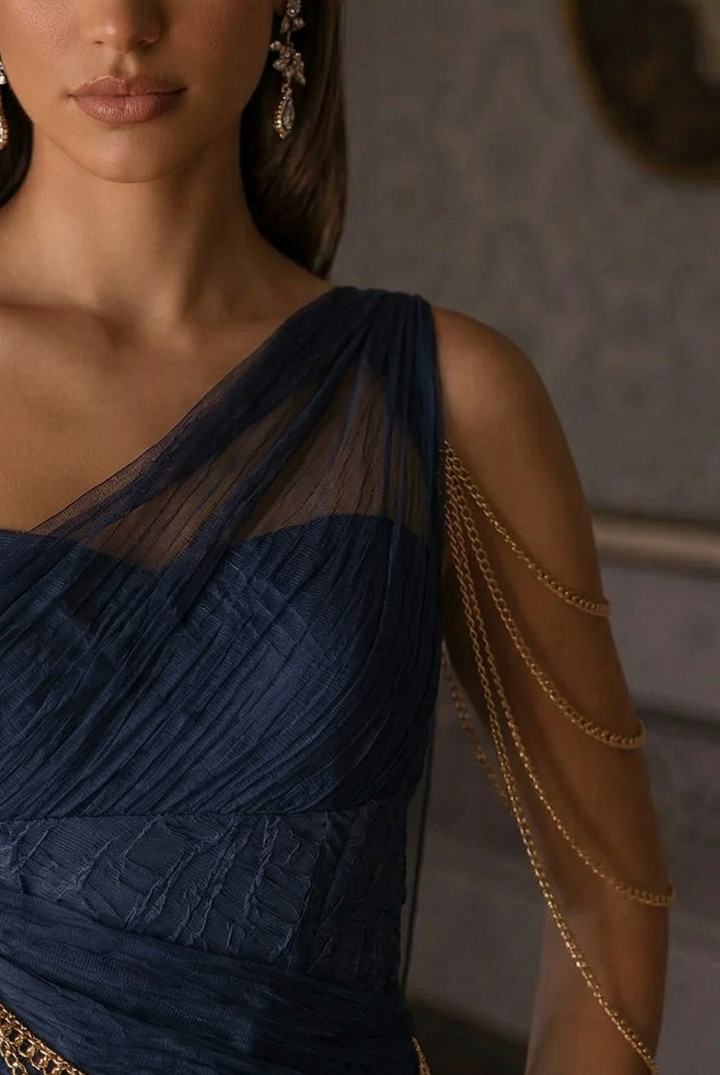 Gothic Navy Blue  Fantasy Dress - Fairy Evening Dress with Draped Pearls Plus Size