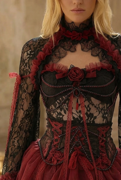 Victorian Gothic Black and Burgundy Lace Corset Dress with Layered Tulle Skirt – Gothic Corset Dress  with Long Sleeves Plus Size