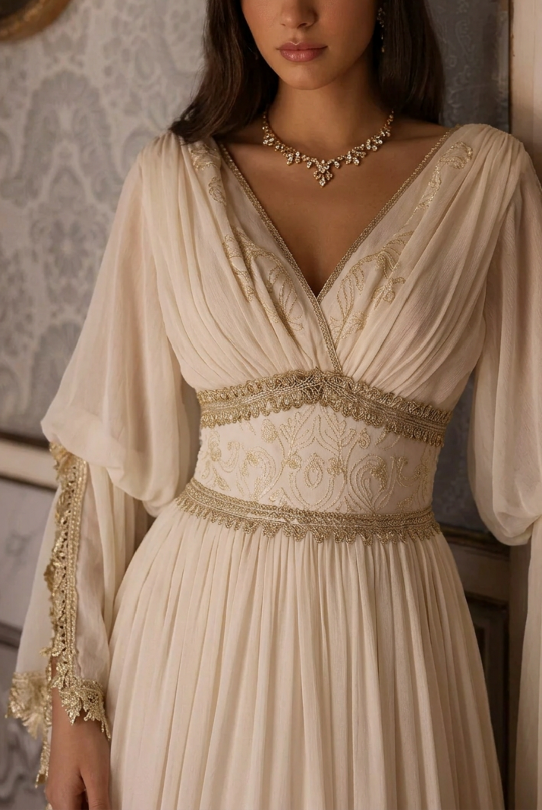 Ivory Fantasy Goddess Dress with Embroidered Details - Fantasy Dress with Flowing Sleeves and Corset Plus Size