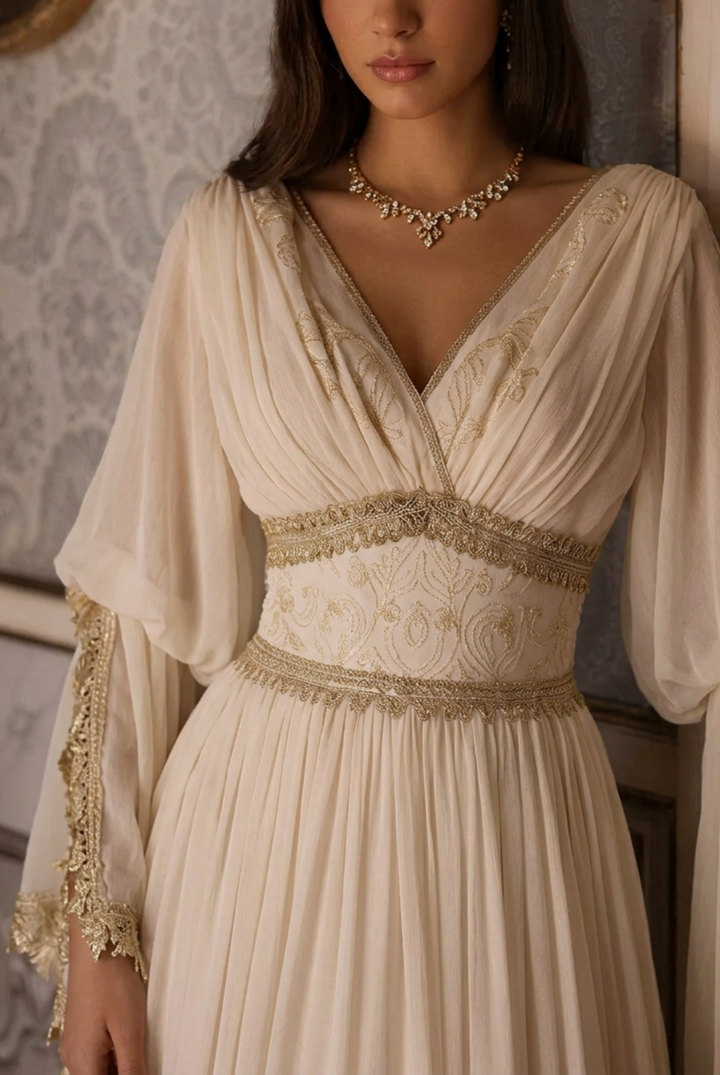 Ivory Fantasy Goddess Dress with Embroidered Details - Fantasy Dress with Flowing Sleeves and Corset Plus Size